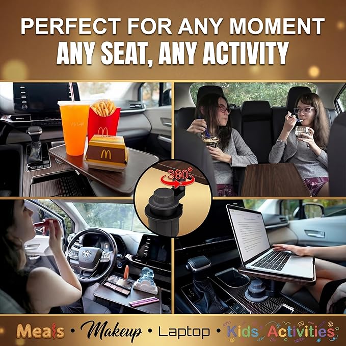 360° Rotating Wood Car Tray – Drive Thru Tray & Cup Holder Car Desk, Car Table Tray for Eating, Work & Travel – Adjustable Laptop Stand for Car – Portable Car Table for Vehicles & RV