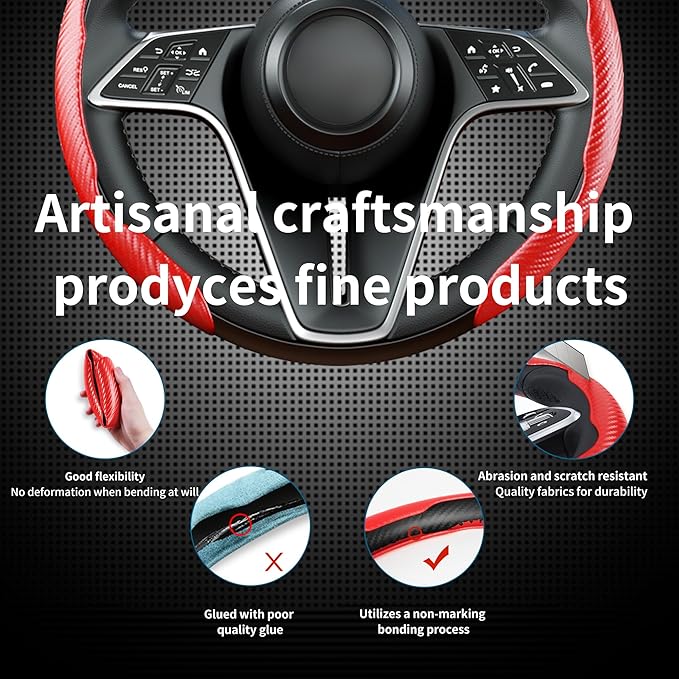 LevChall Carbon Fiber Steering Wheel Cover, 3-Piece Set Anti-Skid Comfortable Grip Segmented Butterfly Design, Easy Snap-On Installation Universal Fit 99% Cars, Red