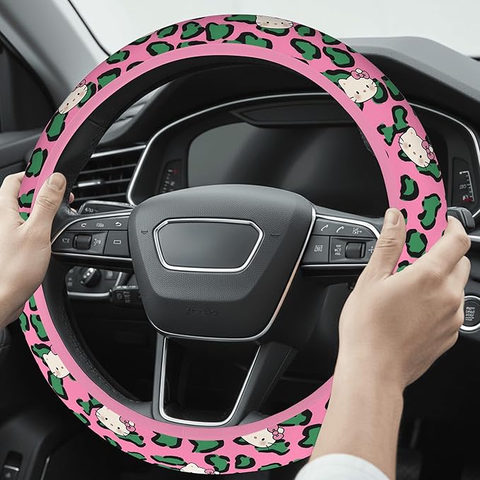 Cute Steering Wheel Cover for Women, Machine Washable Universal 14.5-15.5 inch Non-Slip Grip All Weather Use (Pink Green Leopard Cats)