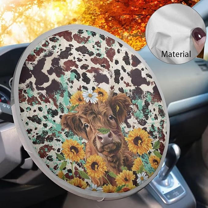 Daisy Sunflower Highland Cow Pattern Steering Wheel Sun Shade Vehicle Steering Wheel Protector Block UV Rays Cooling Steering Wheel Sun Block Fit Most Truck Van Car SUV