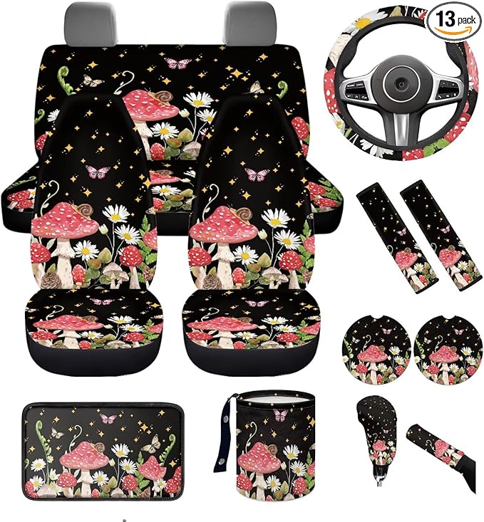 Dngkaoje Mushroom Car Accessories Full Set for Women Interior Seat Protector 13 Pcs Flower Mushroom Car Seat Covers Set for Front Rear Split Bench Cushion Pads,Trash Bin,Handbrake Shift Covers