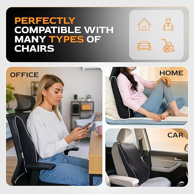 TULARIS Extra Dense Lumbar Pillow with Double Adjustable Straps - Ergonomic Lumbar Support Pillow for Office Chair, Car, Couch Firm Back Support for Lower Back & Spine Pain Relief Memory Foam Cushion