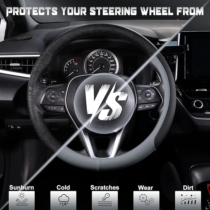 SEG Direct Steering Wheel Cover for 14.5-15 inch Wheels, Breathable PU Leather with Perforated Sides, Anti-Slip Grip, Universal Fit for Cars & SUVs, Black and Gray