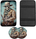 JANENFNA Car Armrest Cover Pads Universal Fashion Cute Auto Center Console Armrest Cover Pad with 2PCS Car Coasters Soft Waterproof Car Armrest Seat Protector for Women,Skull Cowboy with Gun