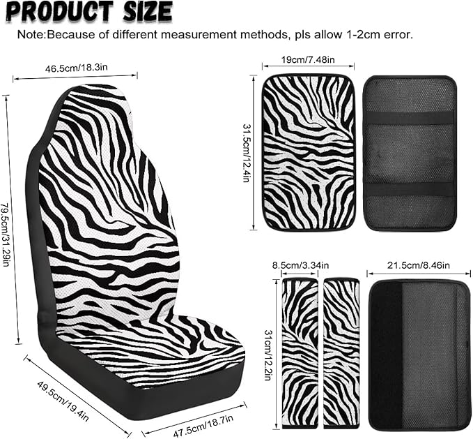 Psesaysky Zebra Stripe 5 Pcs Car Accessories Set PU Leather Front Seat Covers for Cars, Seatbelt Shoulder Pad, Car Armrest Covers Universal Fit Most Truck SUV Van
