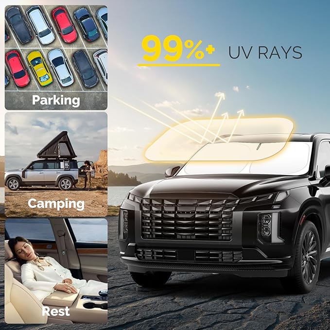 Car Windshield Sun Shade Compatible with 2020 2021 2022 2023 2024 2025 Hyundai Palisade Accessories Foldable Front Window Sunshade Custom Windshield Cover Sun Visor Block UV Rays