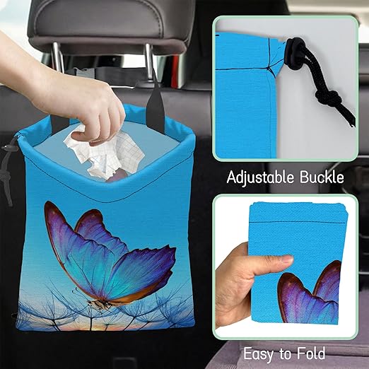 NHNXHWIA Blue Butterfly Car Garbage Bag,Dandelion Waterproof Small Car Trash Bag Hanging Back of Seat,Drawstring Hanging Car Trash Bag with Adjustable Buckle for Car Accessories