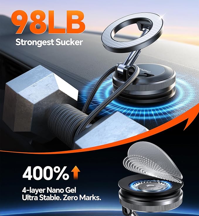 Coolpow【Newest Vacuum Magnetic Phone Holder for Car Phone Holder Mount【Movable Vacuum Suction】 Magsafe Car Mount Cell Phone Holders for Your Car Accessories Interior for Women Men for iPhone 17 16 15