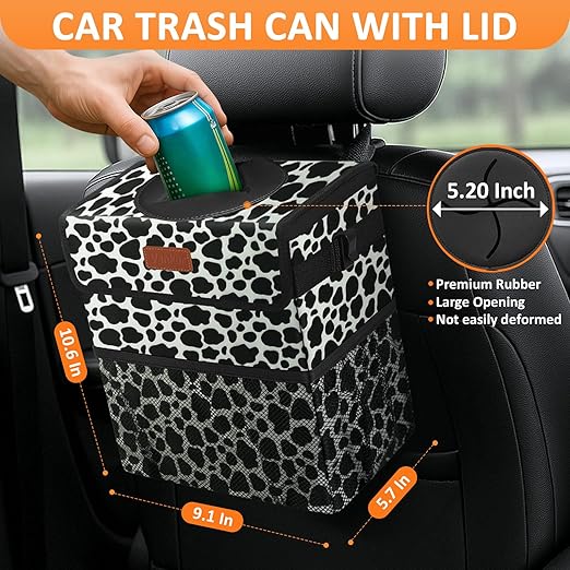 Vankor Car Trash Can for Car Cute,Bag Bin Hanging Waterproof Automotive Garbage Cans Leak Proof Vehicle Trash Can Cow Print
