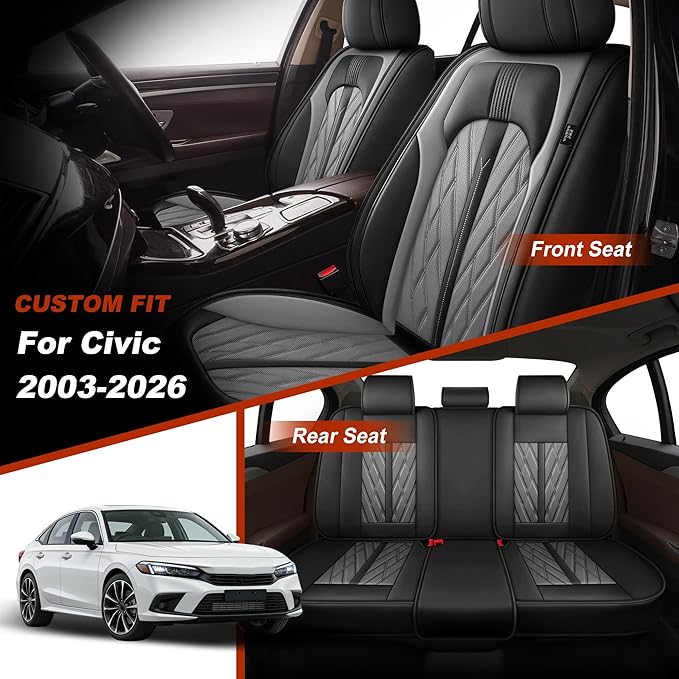 TTX LIGHTING Seat Covers Fit for Honda Civic 2003-2026 Seat Covers Full Set Car Seat Covers Faux Leather Breathable Waterproof Car Seat Protector (5 Seats, Black&Grey)