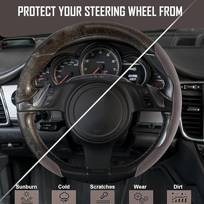 CAR PASS Suede Steering Wheel Cover, Segmented Wheel Protector Non-Slip Sporty Car Accessories Universal Fit D-Shape O-Shape 14.5" to 16" Steering Wheel for Men Women, 2PCS Coffee Gray Suede