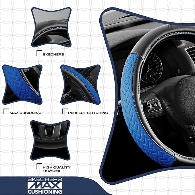 Skechers Steering Wheel Cover,Max Cushioning Leather Steering Wheel Cover Universal Fit 14" 1/2-15" Car Wheel Protector for Men Women Fit Suvs,Vans,Sedans,Car,Trucks,Blue