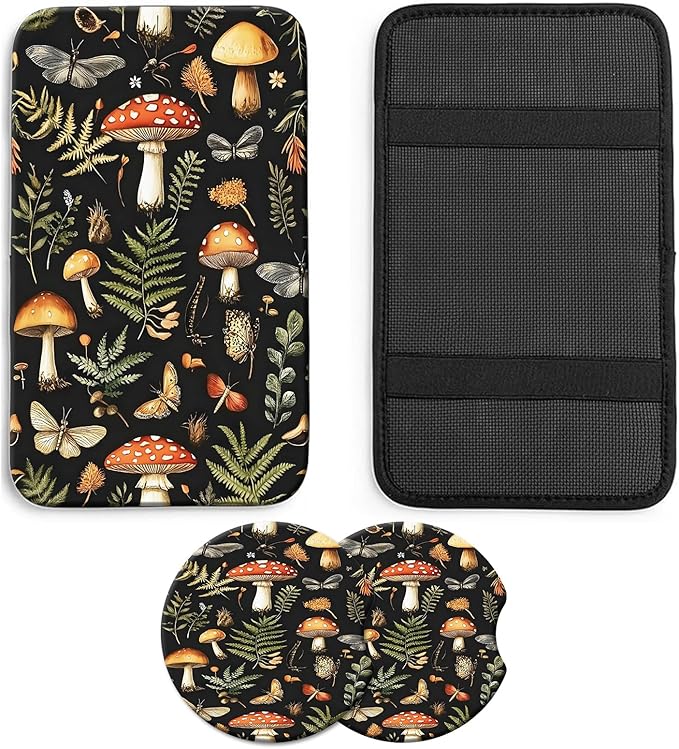 JANENFNA Car Armrest Cover Pads Universal Fashion Cute Auto Center Console Armrest Cover Pad with 2PCS Car Coasters Soft Waterproof Car Armrest Seat Protector for Women,Mushroom Insect Grass