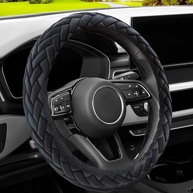 Soft Velvet Steering Wheel Cover Cute Hands Warm Fuzzy, Universal 15 Inch for Women Girls, Fit Vehicles, Sedans, SUVs, Vans, Trucks - Black
