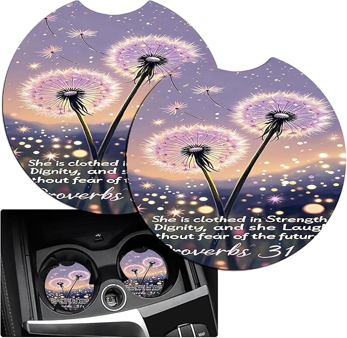 JANENFNA Car Armrest Cover Pads Universal Fashion Cute Auto Center Console Armrest Cover Pad with 2PCS Car Coasters Soft Waterproof Car Armrest Seat Protector for Women,Proverbs 31:25 Dandelion