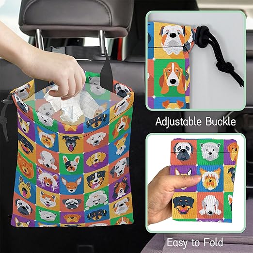 NHNXHWIA Dogs Face Car Garbage Bag,Waterproof Small Car Trash Bag Hanging Back of Seat,Drawstring Hanging Car Trash Bag with Adjustable Buckle for Car Accessories