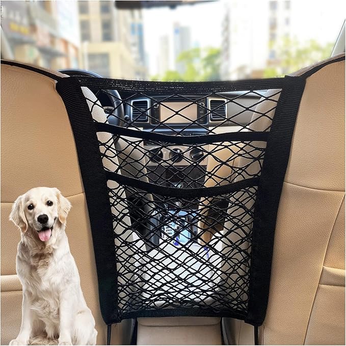 Kewucn 3 Layers Car Mesh Organizer, Four-Side Elasticity Auto Seat Back Net Bag Between Front Seats, Car Net Barrier of Backseat Pet Kids, Tissue Purse Holder, Storage Netting Pouch