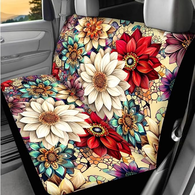 Dngkaoje 13 Pieces Blossom Lotus Car Accessories Full Set Boho Flower Car Seat Covers Set Steering Wheel Covers Automotive Garbage Cans Organizer,Cup Holder,Armrest Pads,Fit for Most Truck SUV