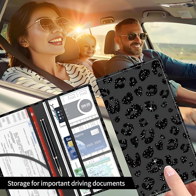 BAUCIWLD Premium Car Registration and Insurance Card Holder, Cute PU Leather Car Document Holder, Vehicle Glove Box Car Organizer with Magnetic Closure for Driver License, Cards Leopard Black
