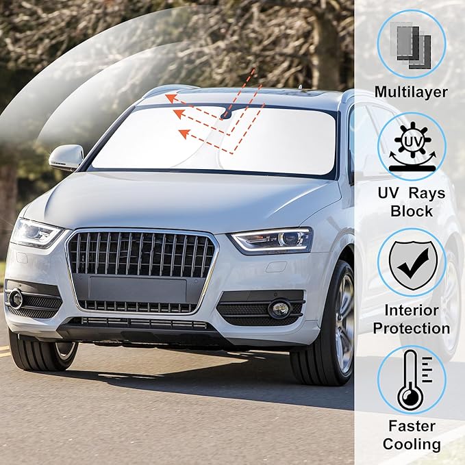 Windshield Sun Shade Custom Fit for 2013 2014 2015 2016 2017 2018 Audi Q3 Accessories Foldable Sunshade Sun Blocker Protect Car from Sun Rays & Heat Damage Keep Car Cooler