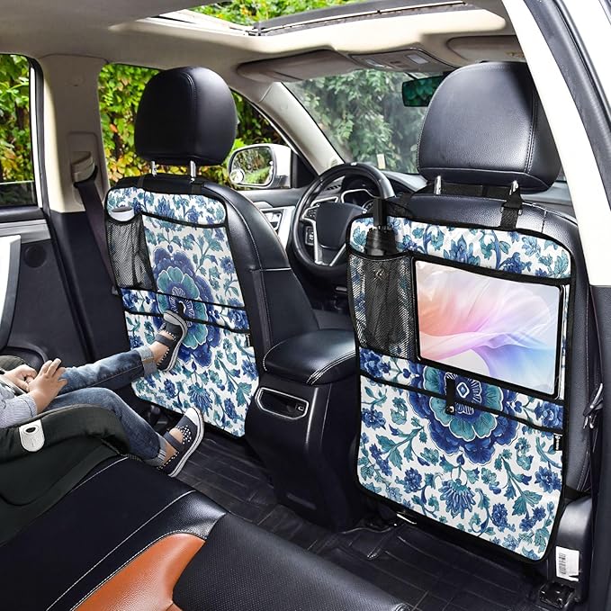 2 Pack Back Seat Car Organizer with Storage Pockets Kick Mats Back Seat Protector Hanging Car Organizer Automotive Seat Back Cover Organizers Floral Blue and White Vine