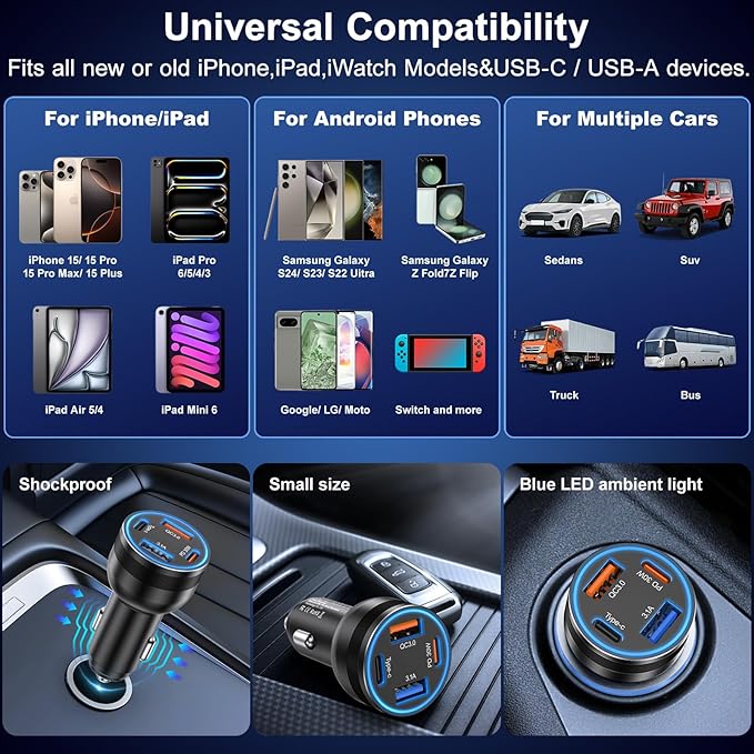 Car Charger USB C, 4-Port 65W USB C Car Charger Adapter Fast Charging Multi Port Cigarette Lighter Adapter with 2Pack USBC Cable, Type C Car Phone Charger for iPhone 17/16/15/14 Pro Max,iPad,Samsung