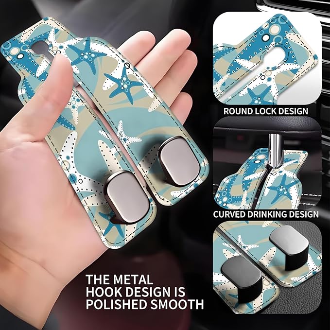 AXBSAKDI Car Seat Back Storage Headrest Hook, Premium Leather Double Metal Hook, Hanger Storage Organizer for Purse Cloth Bag, Car Interior Accessories Cute Blue Seastar
