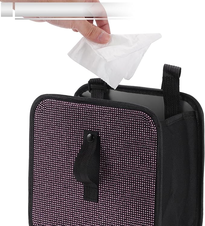 1 Pcs Universal Car Trash Can Hanging 9.1" Length 5.5" Width 9.1" Height Trash Bin Pink Black Fabric Rhinestone