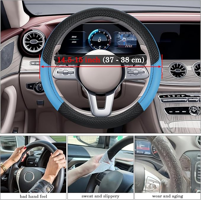 Black & Blue Car Steering Wheel Cover, Microfiber, Leather Patchwork, Universal 14.5-15 Inch Leather Anti-Slip Breathable Auto Steering Wheel Covers for Men Women