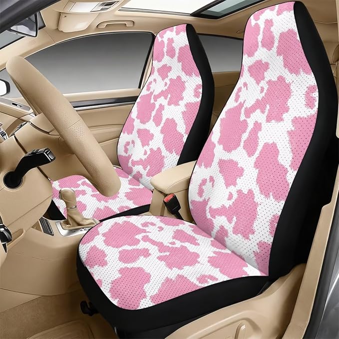 FUSURIRE 5 Pieces Pink Cowhide Print Car Accessories Set PU Front Seat Covers, Seat Belt Covers & Center Armrest Pad for SUV Car Truck