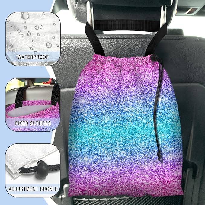 GEGEPINK Car Trash Bag Hanging Back of Seat Waterproof Small Cute Printed One-handed Strap Drawstring Garbage Bags for Car-Glitter Pink