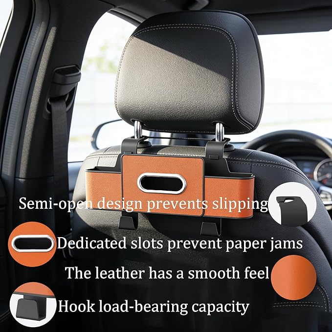 Car Organizers and Storage Box, Multifunctional Car Seat Back Storage Box with Tissue and Hook for Hold Phone Water Cup Handbag, Fits Most Vehicles (Black,1PCS)