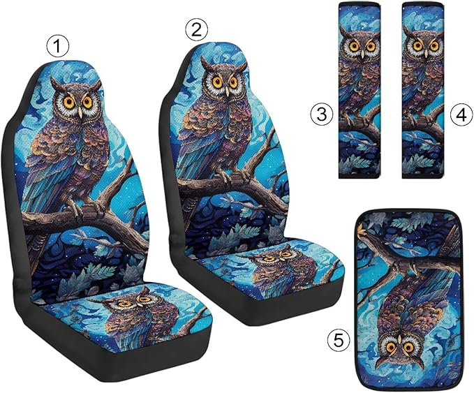 Qeluxign Owl 5-Piece Car Accessories Set Universal Fit PU Leather Seat Covers Seatbelt Pads and Armrest Cover for Cars, Trucks, SUVs