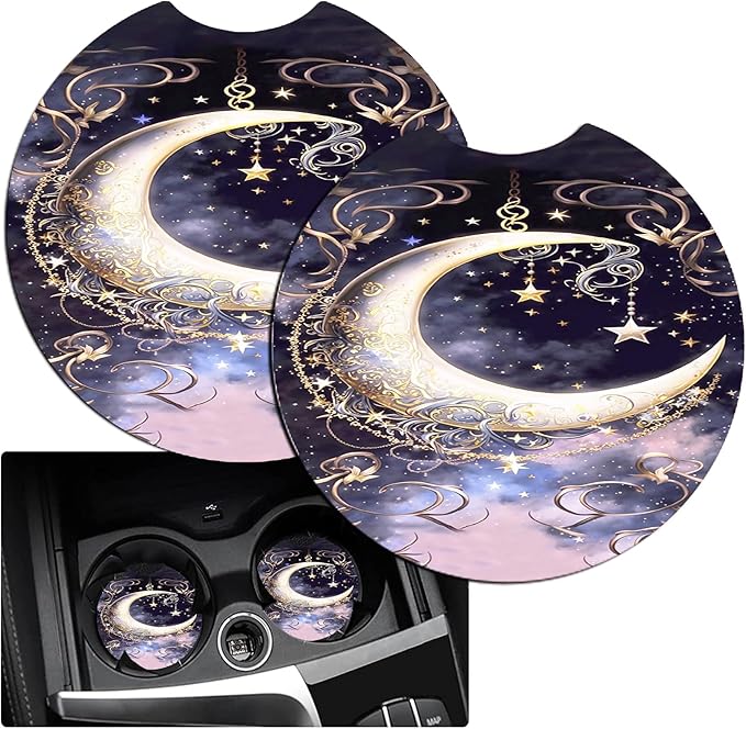 JANENFNA Car Armrest Cover Pads Universal Fashion Cute Auto Center Console Armrest Cover Pad with 2PCS Car Coasters Soft Waterproof Car Armrest Seat Protector for Women,Crescent Stars in Sky