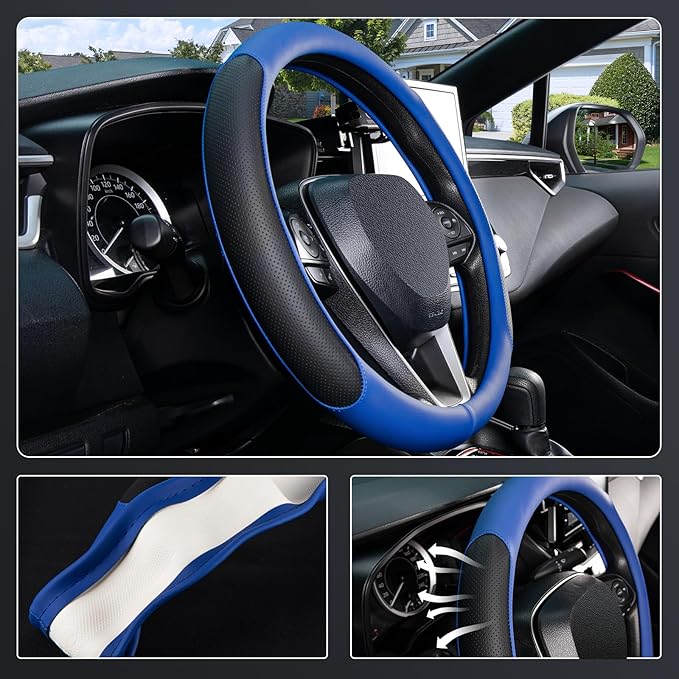 SEG Direct Steering Wheel Cover for 14.5-15 inch Wheels, Breathable PU Leather with Perforated Sides, Anti-Slip Grip, Universal Fit for Cars & SUVs, Black and Blue