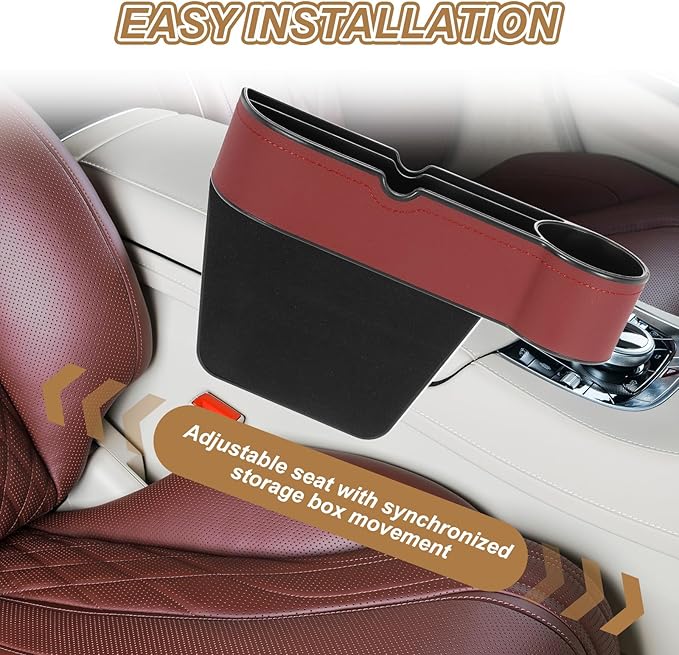 HARFINGTON Car Seat Gap Filler Organizer 10.6 x 7.1 x 2.8 Inch ABS+Leather Universal Car Organizer Storage Box Between Seat and Console (Left) with Cup Holders for Phone Keys, Brown