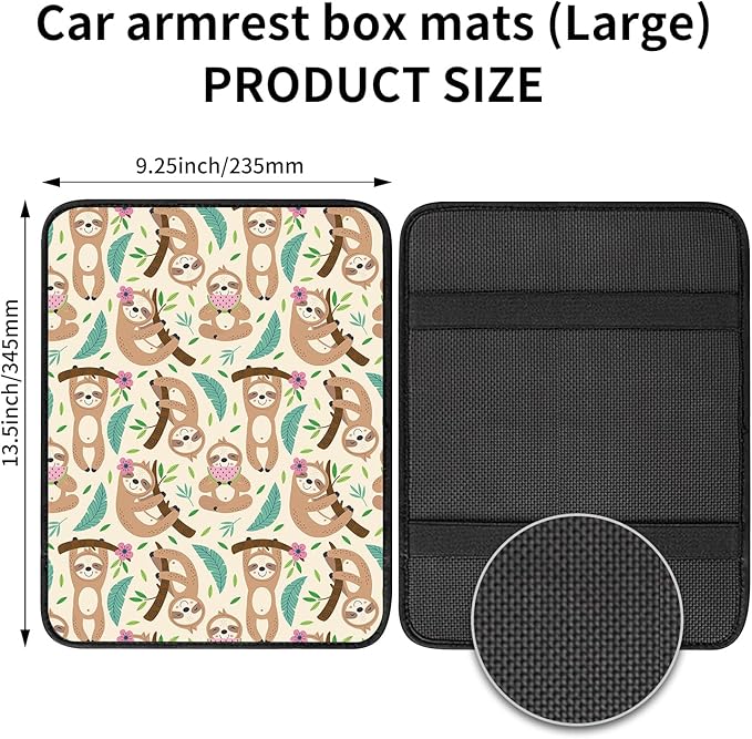 Car Center Console Cover, Universal Soft Large Neoprene Auto Armrest Seat Box Cover, Funny Car Decor Accessories Fit for Most Cars, Vehicles, SUVs Cute Sloth