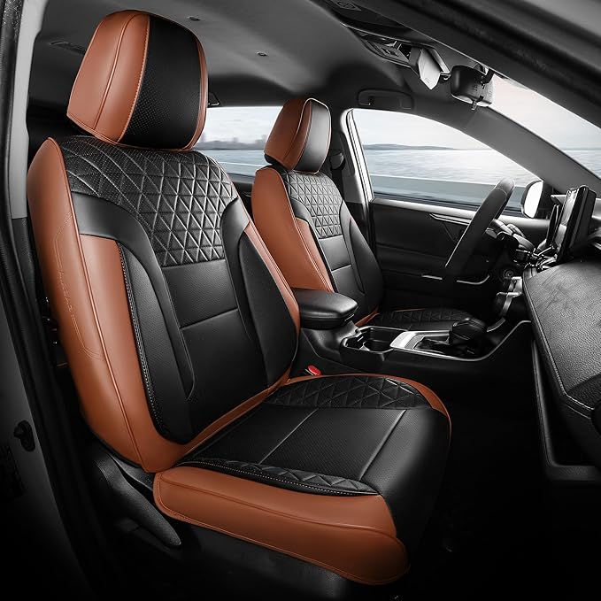 FEINEPRO Brown and Black Car Seat Covers Only Front 2pc - Breathable Faux Leather Universal Seat Covers for Cars, Automotive Protector Fit for Most Sedan SUV Pick-up Truck