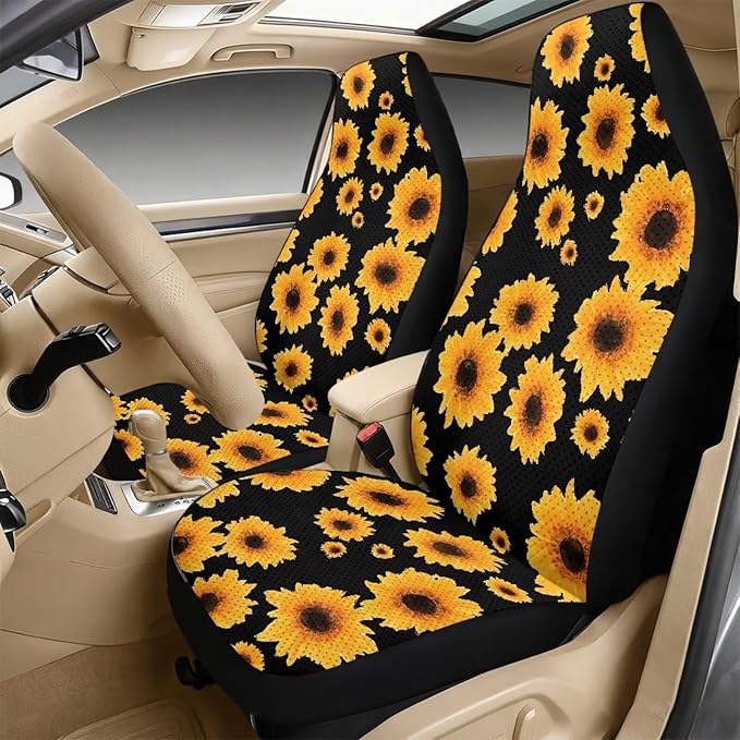Qeluxign Sunflower 5 Piece Car Seat Covers Full Set, Front Seats Cover/Auto Seatbelt Shoulder Pads/Vehicle Center Console Armrest Cover, Universal Car Accessories Men Women Gifts