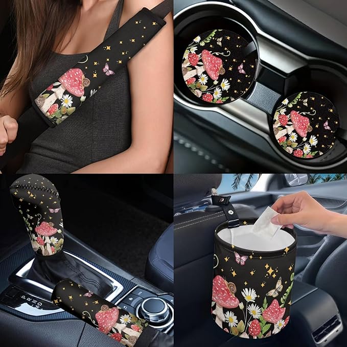 Dngkaoje Mushroom Car Accessories Full Set for Women Interior Seat Protector 13 Pcs Flower Mushroom Car Seat Covers Set for Front Rear Split Bench Cushion Pads,Trash Bin,Handbrake Shift Covers
