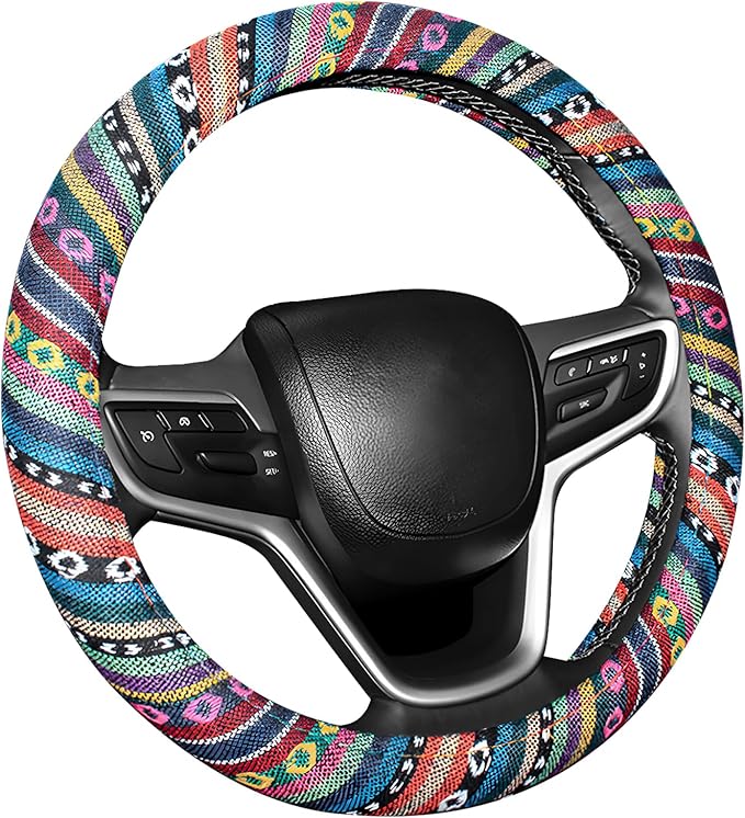 Boho Car Steering Wheel Cover, Ethnic Style Anti-Slip Coarse Flax Cloth Auto Wheel Cover, Bohemian Steering Wheel Protector for Most SUVs Vans Trucks, Car Accessories (Style A)