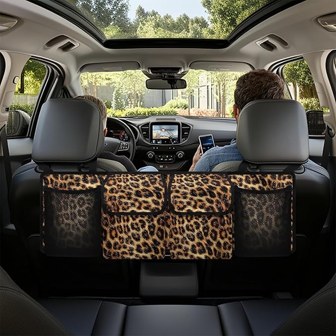 CLOHOMIN Leopard Print Backseat Car Organizer Large Capacity Car Trunk Mesh Storage Hanging Car Trunk Organizer with 4 Pockets Easy to Install Car Trunk Storage Bag Car Accessories