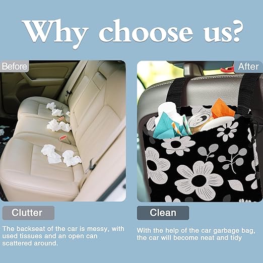 Abstract White Groovy Floral Car Trash Bag,Hanging Drawstring Car Garbage Bag,Canvas Car Back Seat Organizer with Adjustable Buckle for Men and Women