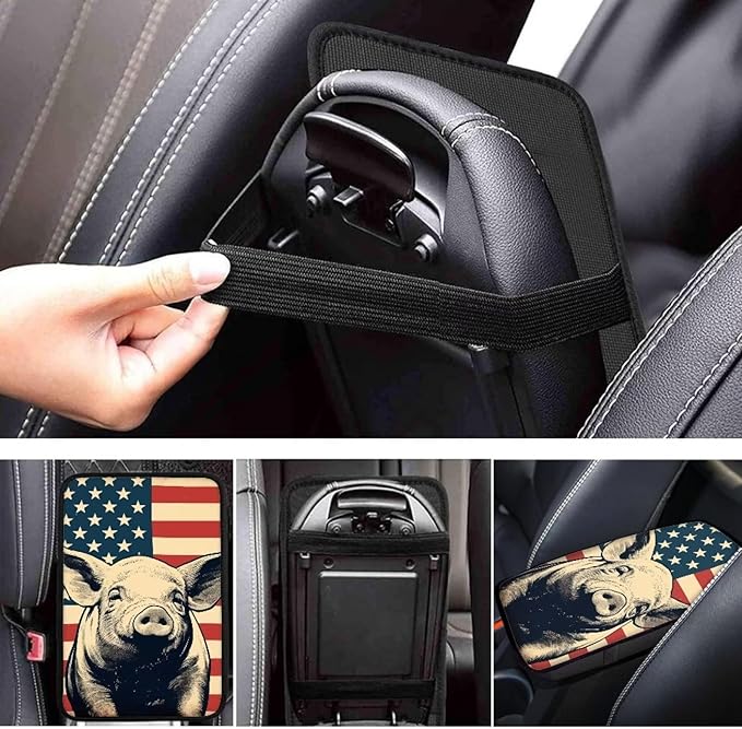 Car Center Console Pad, Universal Waterproof Car Armrest Seat Box Cover, Car Interior Accessories for Most Vehicle SUV Truck Vintage American Flag Pig Car Armrest Pad