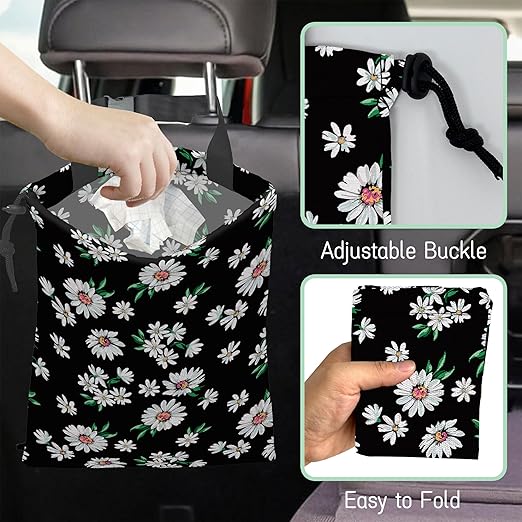 NHNXHWIA White Daisy Car Garbage Bag,Waterproof Small Car Trash Bag Hanging Back of Seat,Drawstring Hanging Car Trash Bag with Adjustable Buckle for Car Accessories