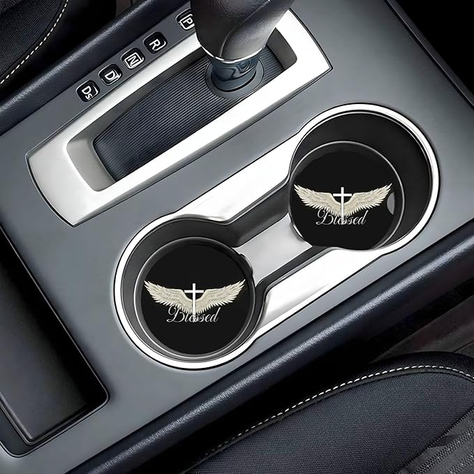 HUWAAI Blessed Cross Wing Car Cup Holder Coasters 2 Pack Universal 2.63 Inch Anti Slip Ceramic Absorbent Coaster with Cork Base and Finger Notch Cute Car Accessories Interior for Women