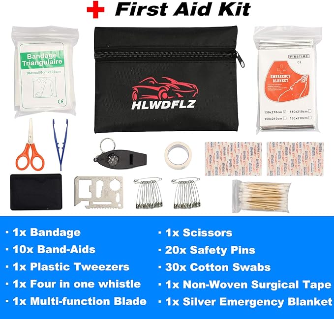 HLWDFLZ Car Roadside Emergency Kit,with13FT Jumper Cables,Winter Traveler Safety Emergency Kit with Blanket Shovel Triangle First Aid Kit for SUV RV