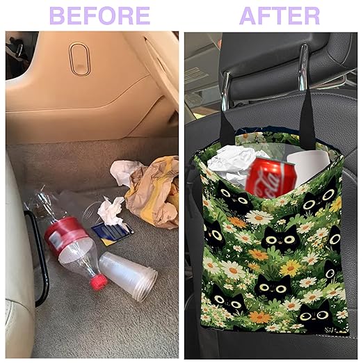 Car Trash Bag Black Cat Among Flowers Car Trash Bin Leakproof Waterproof Car Trash Can for Back Seat, Foldable Car Garbage Bag with Adjustable Straps and Drawstring for Car Accessories