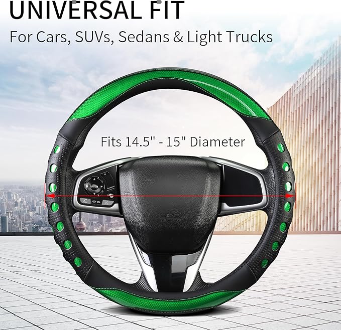 QCYP PU Leather Car Steering Wheel Cover with Anti-Slip Grip, for Women and Men, Universal Fit for 14.5-15 Inch Cars, Trucks, SUVs (Green (Round), Medium(Standard) Size[14 1/2''-15''])