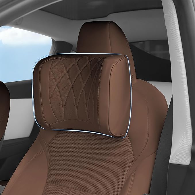 Dapucarin Car Headrest Pillow U-Shaped, Memory Foam Head Neck Support Cushion for Driving, Leather Head Rest Travel Pillows for Sleeping, Breathable Removable Cover, Brown, 1 Pack